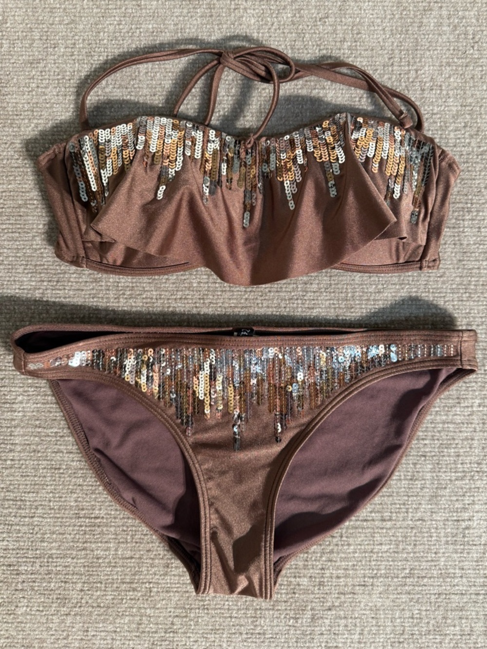 Miss Me Brown Bronze Sequined Bandeau Bikini Set Y2K Glam Swimwear – Small - Picture 1 of 10